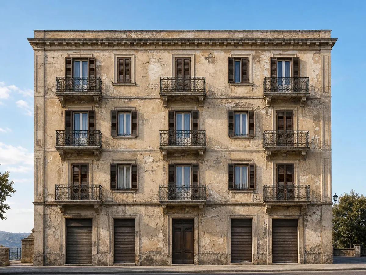 Fachada de edificio plurifamiliar antiguo pendiente de rehabilitación
