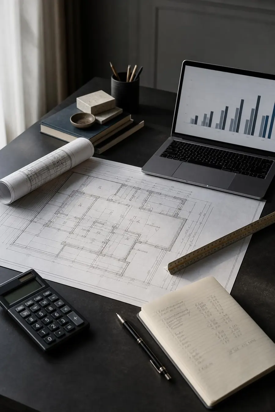 Mesa de trabajo con plano técnico, escalímetro, calculadora y gráfico financiero